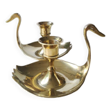 Pair of hand candle holders/Cellar rats shape swans, in polished brass. 1950s