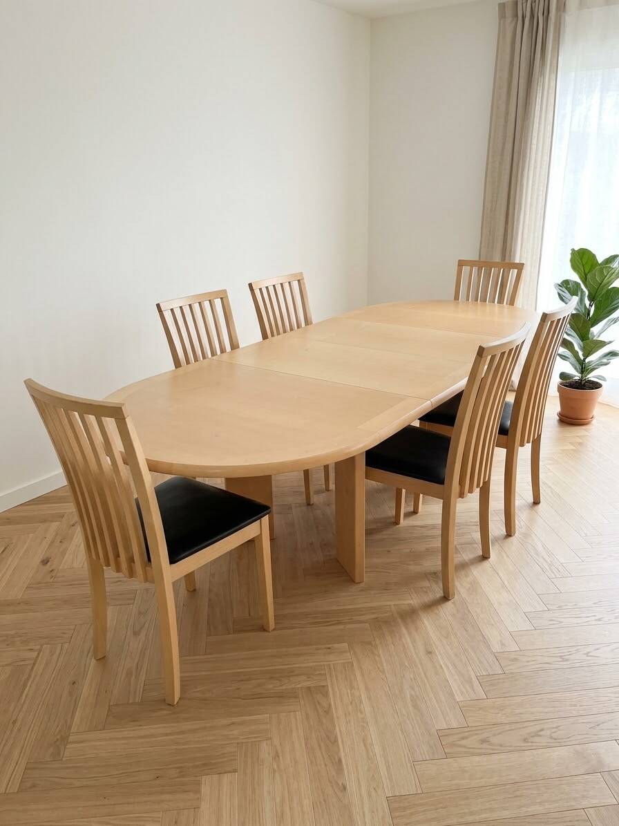 Skovby dining table and 8 vintage Scandinavian style wooden chairs.