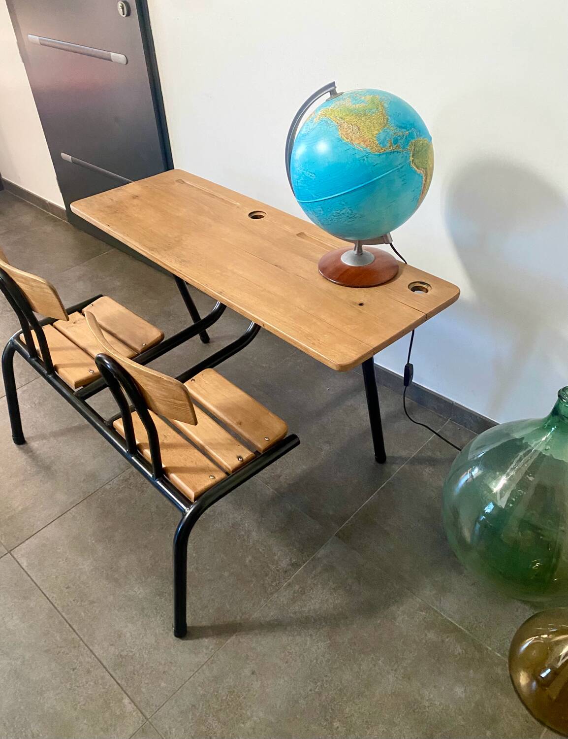 Vintage double school desk, refurbished in black and wood