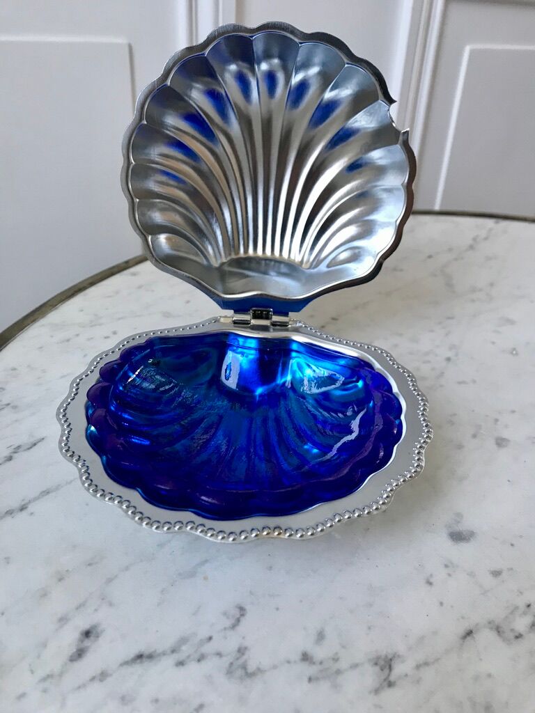 Empty butter tray pocket shell metal and blue glass 60s-70s