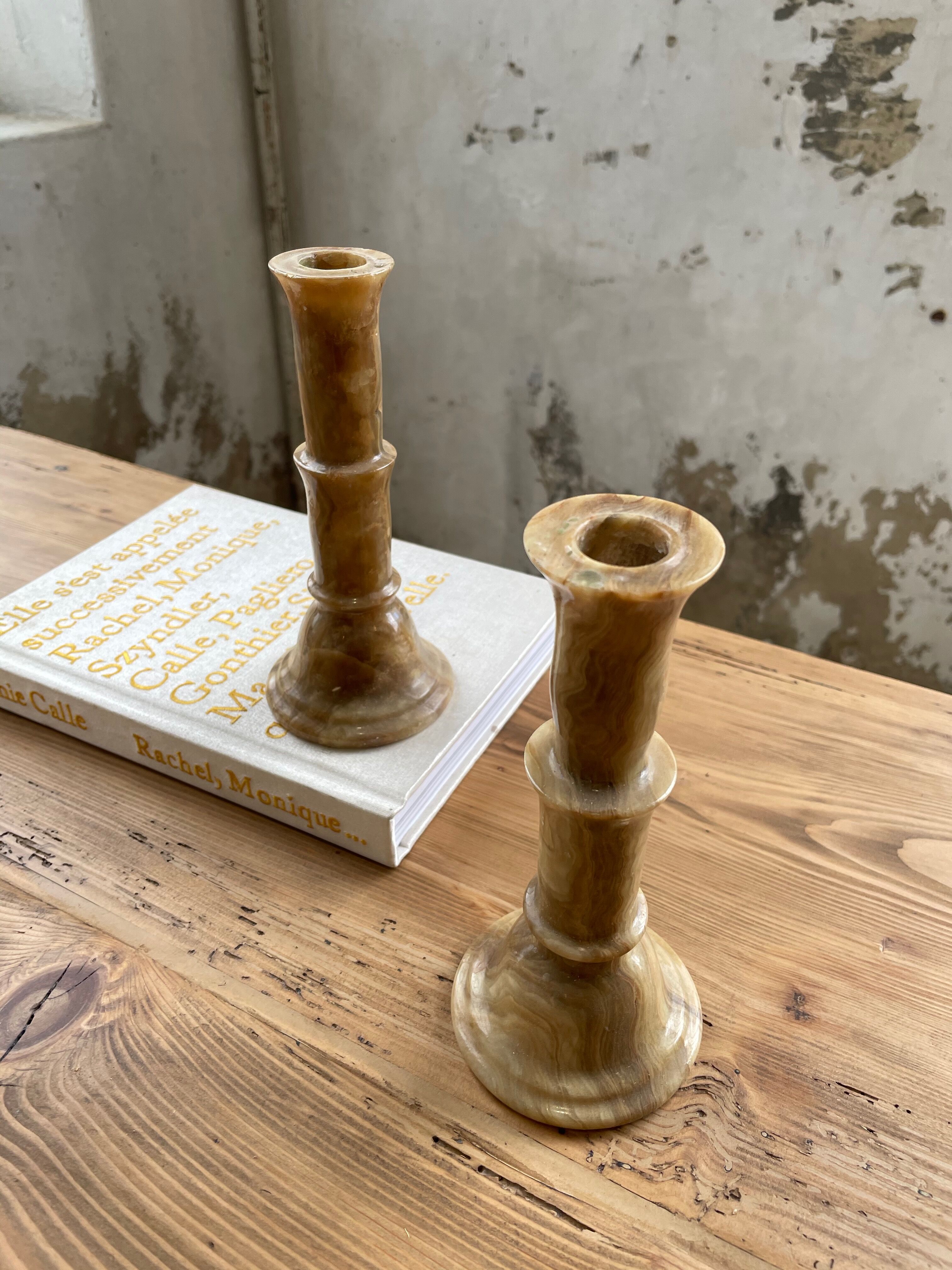 Set 2 old onyx candlesticks
