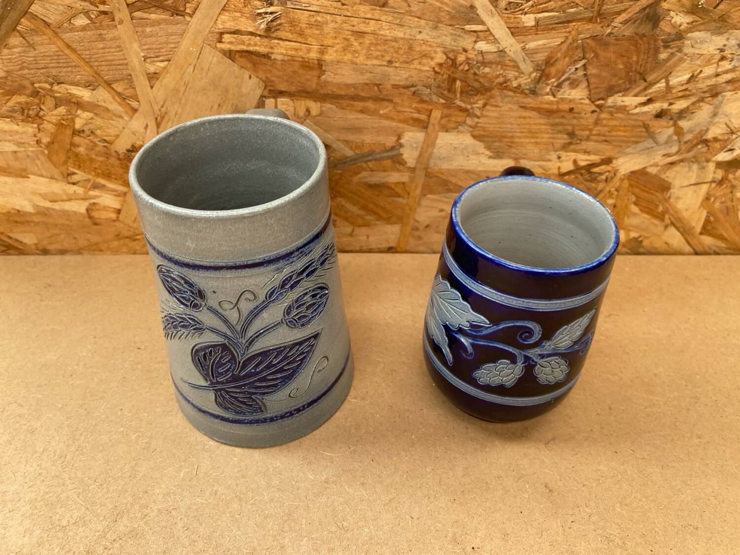 Pair of beer steins betschdorf schmitter alsace stoneware grey blue decor vintage