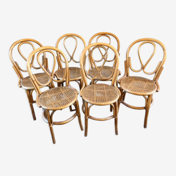 Set of 6 bamboo chairs, woven wicker seat and their new cake