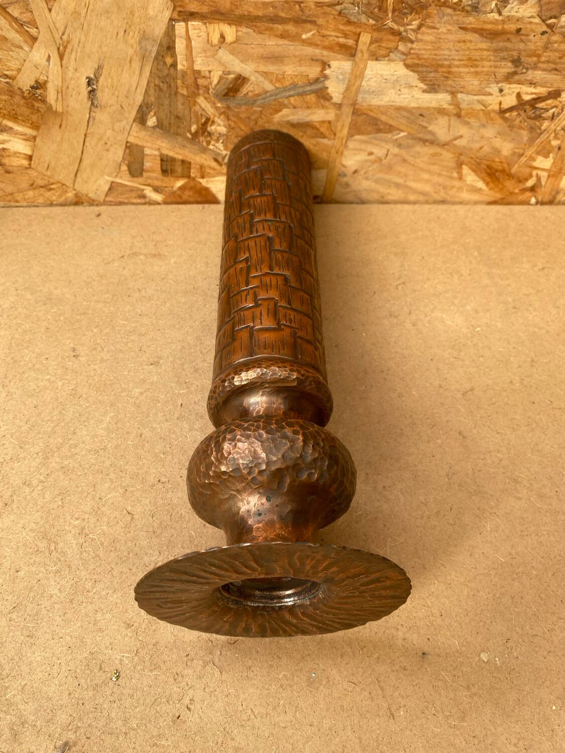 Antique brutalist hammered copper cylinder vase vintage