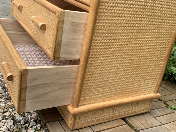 Commode vintage en rotin et osier tressé 1970