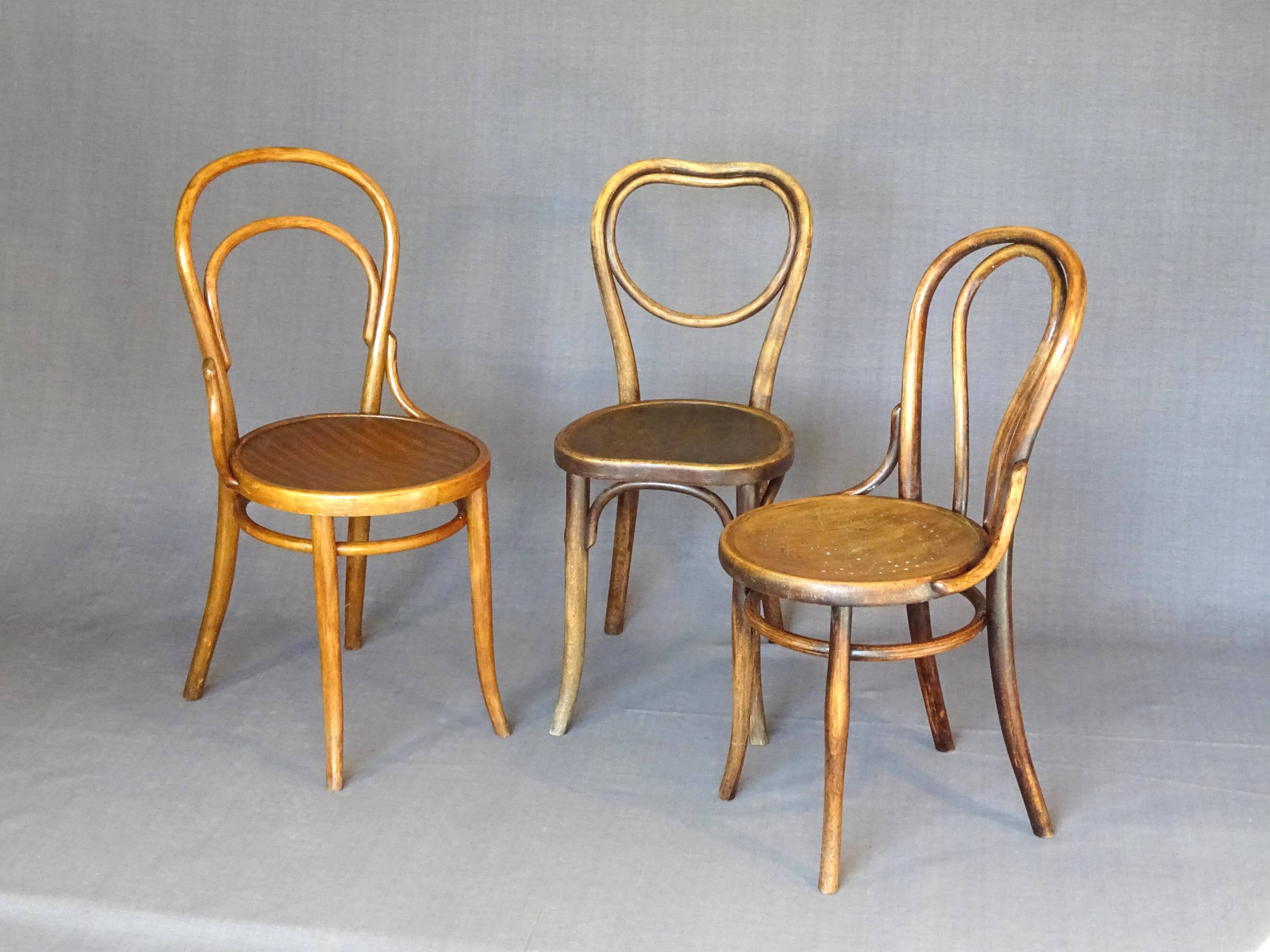 Set of 3 Bistro chairs with wooden seats, 1910 to 1920