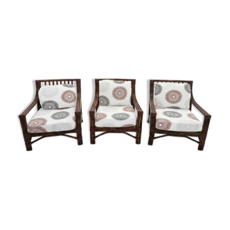 3 Maugrion armchairs in rattan