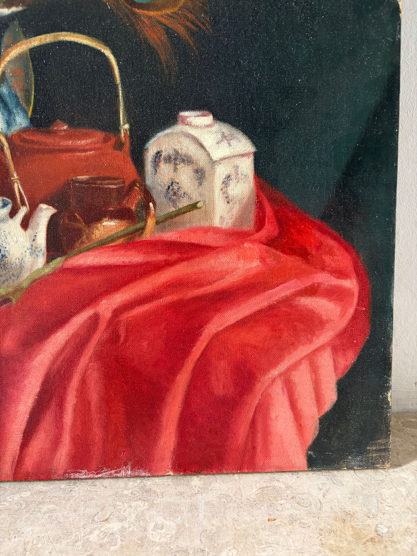 Still life with teapot and peacock feathers, oil on canvas signed