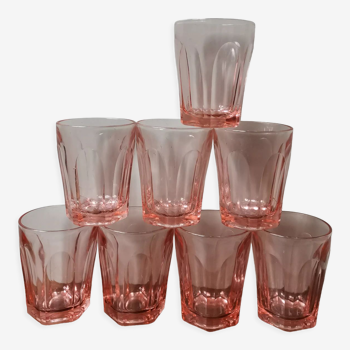 Lot de 8 verres roses en verre moulé vintage
