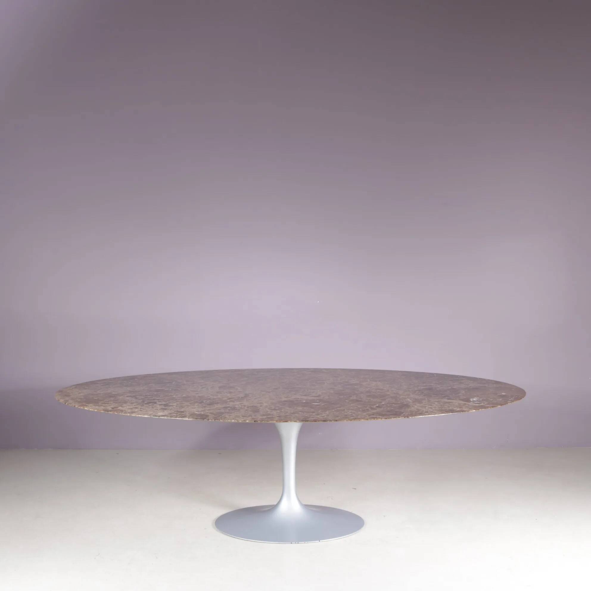 1970s XL oval Tulip table with brown marble top and matte silver oval base / Eero Saarinen / Knoll, USA