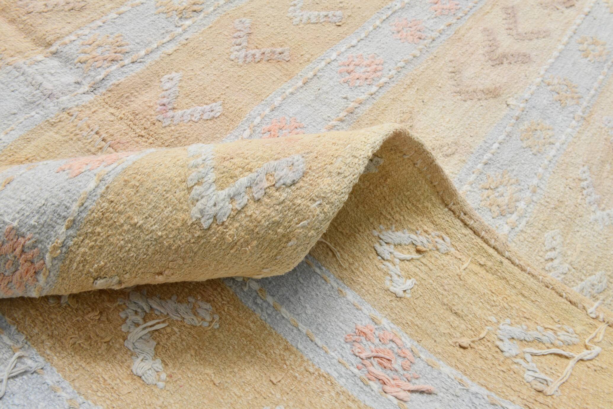 Soft Beige & Mustard Yellow Striped Wool Kilim Rug, 155x396