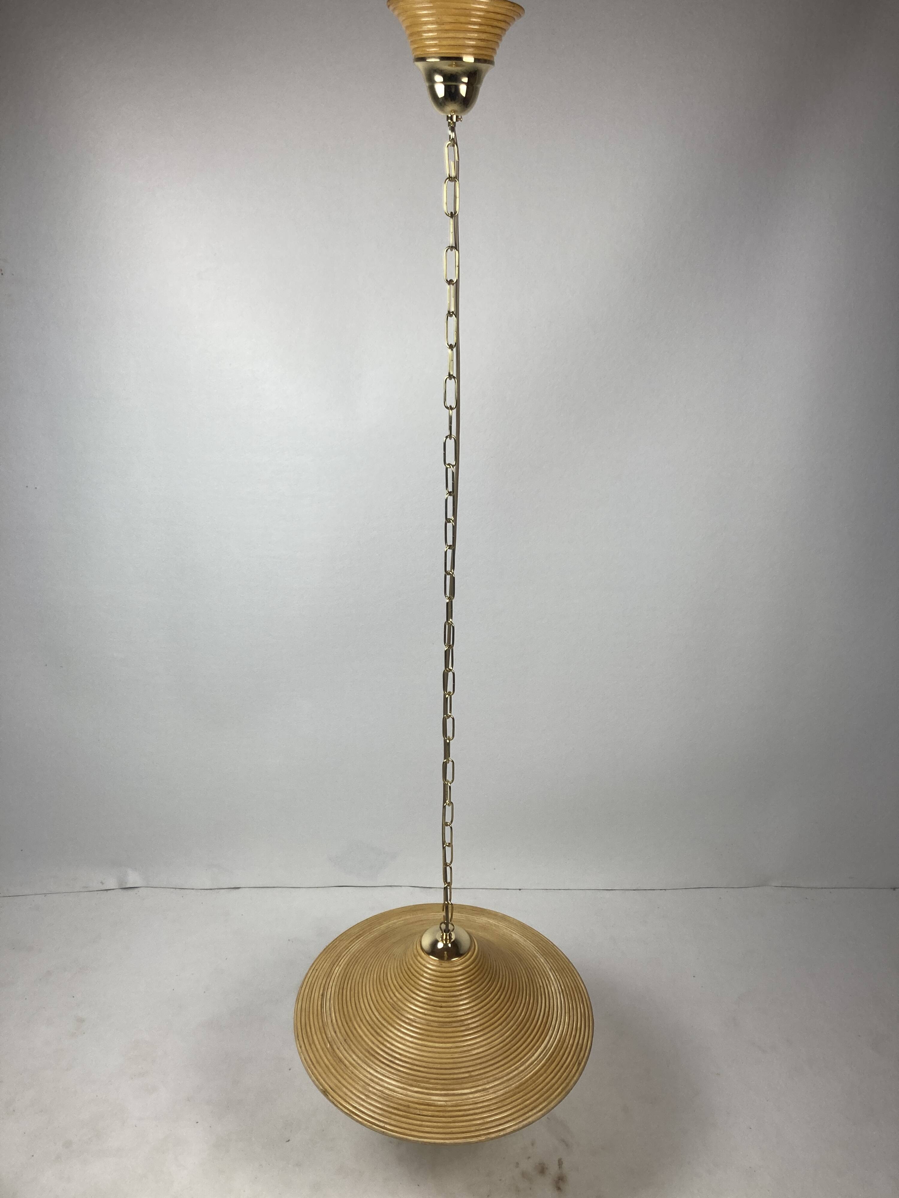 Pencil Split Reed, Rattan, Bamboo & Brass Pendant hanging lamp, Italy, 1970s