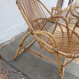 4 armchairs and a coffee table made of rattan and bamboo wood, vintage.