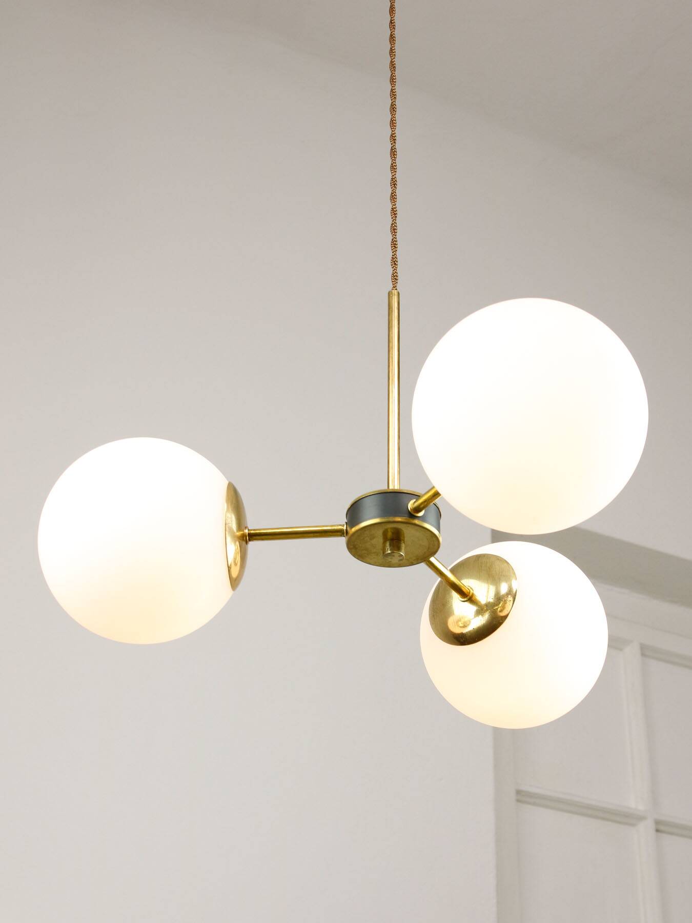 Mid-Century Modern Italian Chandelier in Brass and Opaline Glass, 1960s