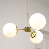 Mid-Century Modern Italian Chandelier in Brass and Opaline Glass, 1960s