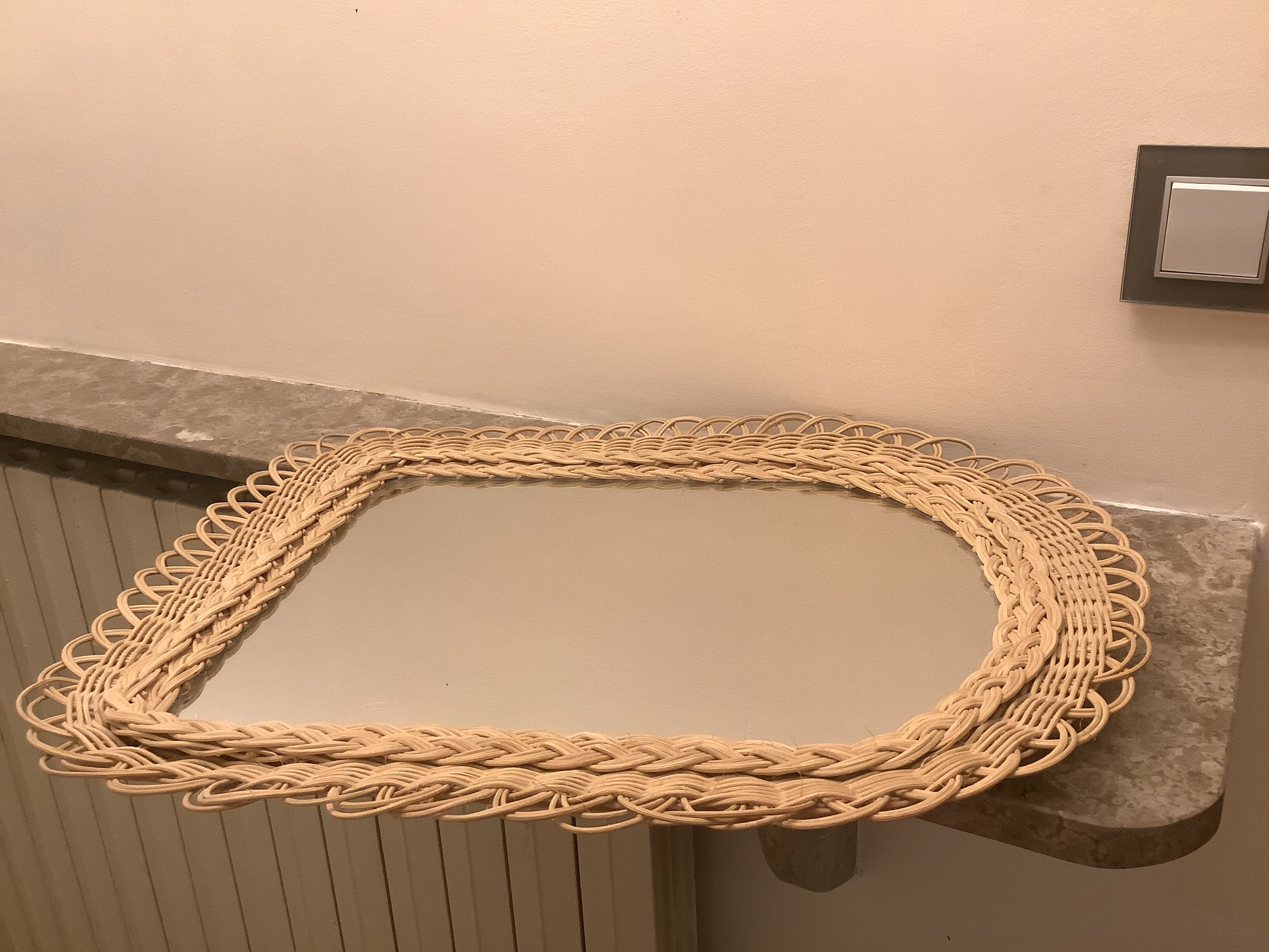 Old rattan wicker braided mirror, 48x40 cm
