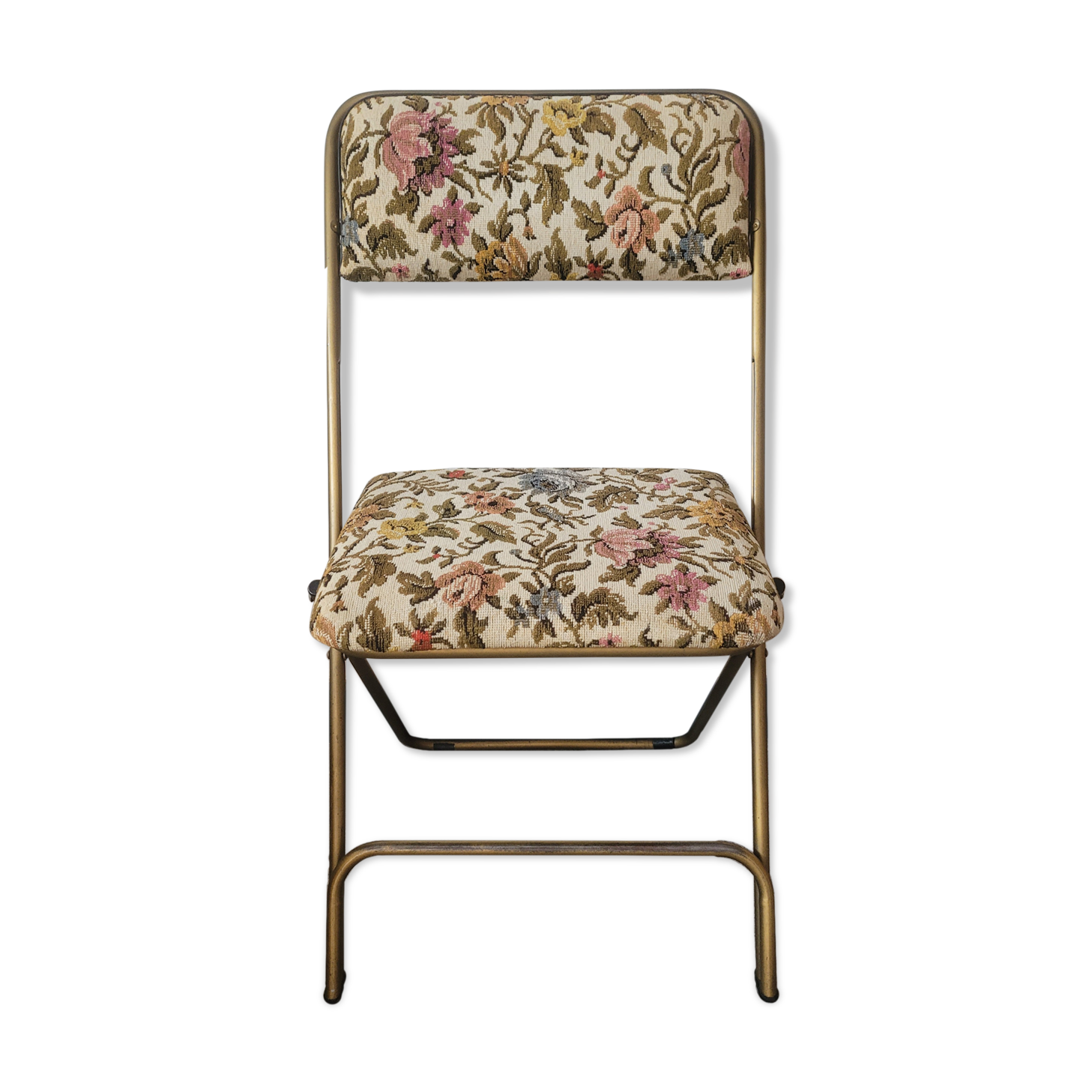 Vintage folding chair lafuma doree and tapestry