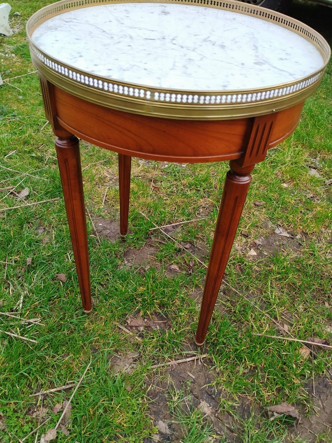 Antique hot water bottle table, Louis XVI style marble top