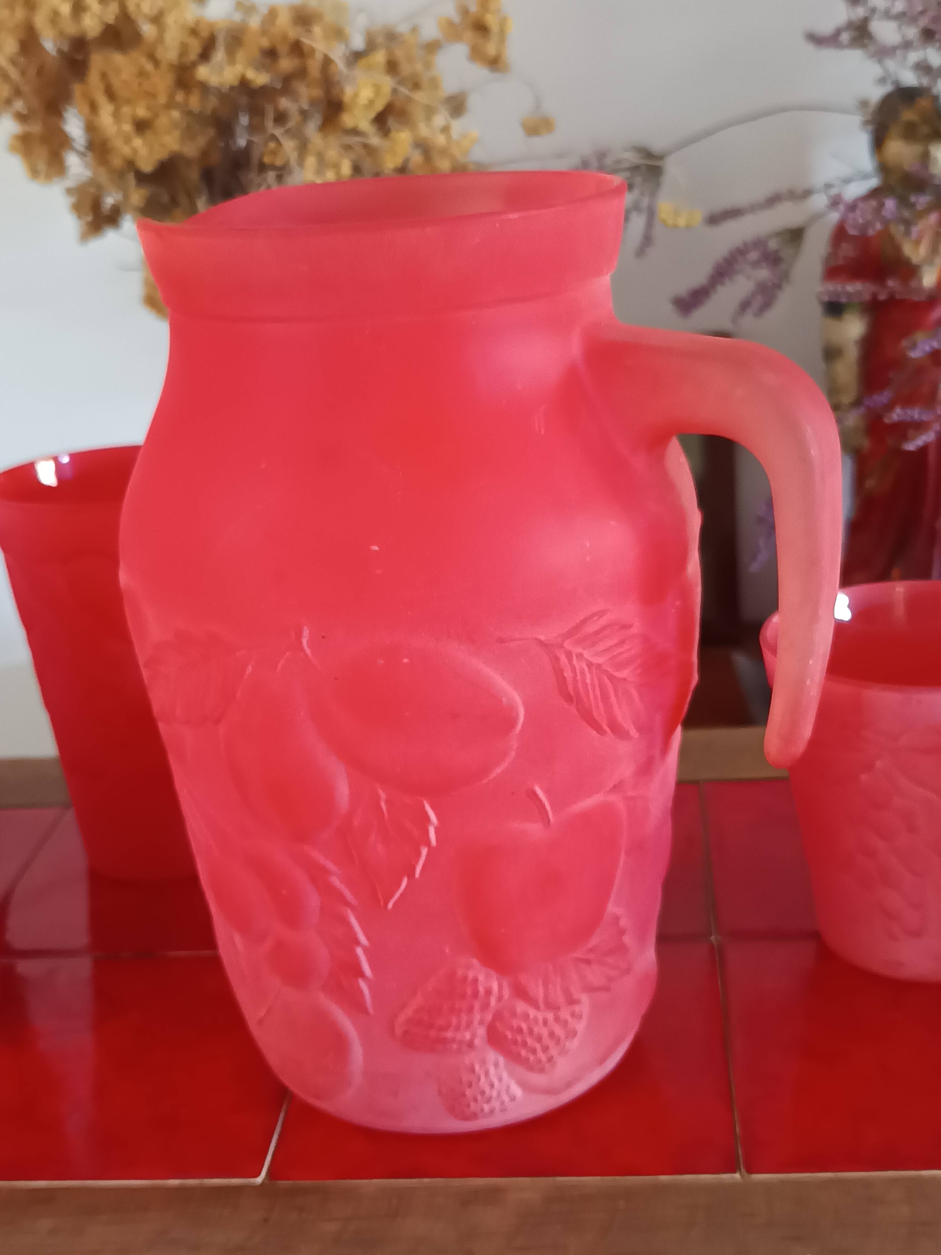 Cervé vintage red frosted glass orangeade set with fruit decoration