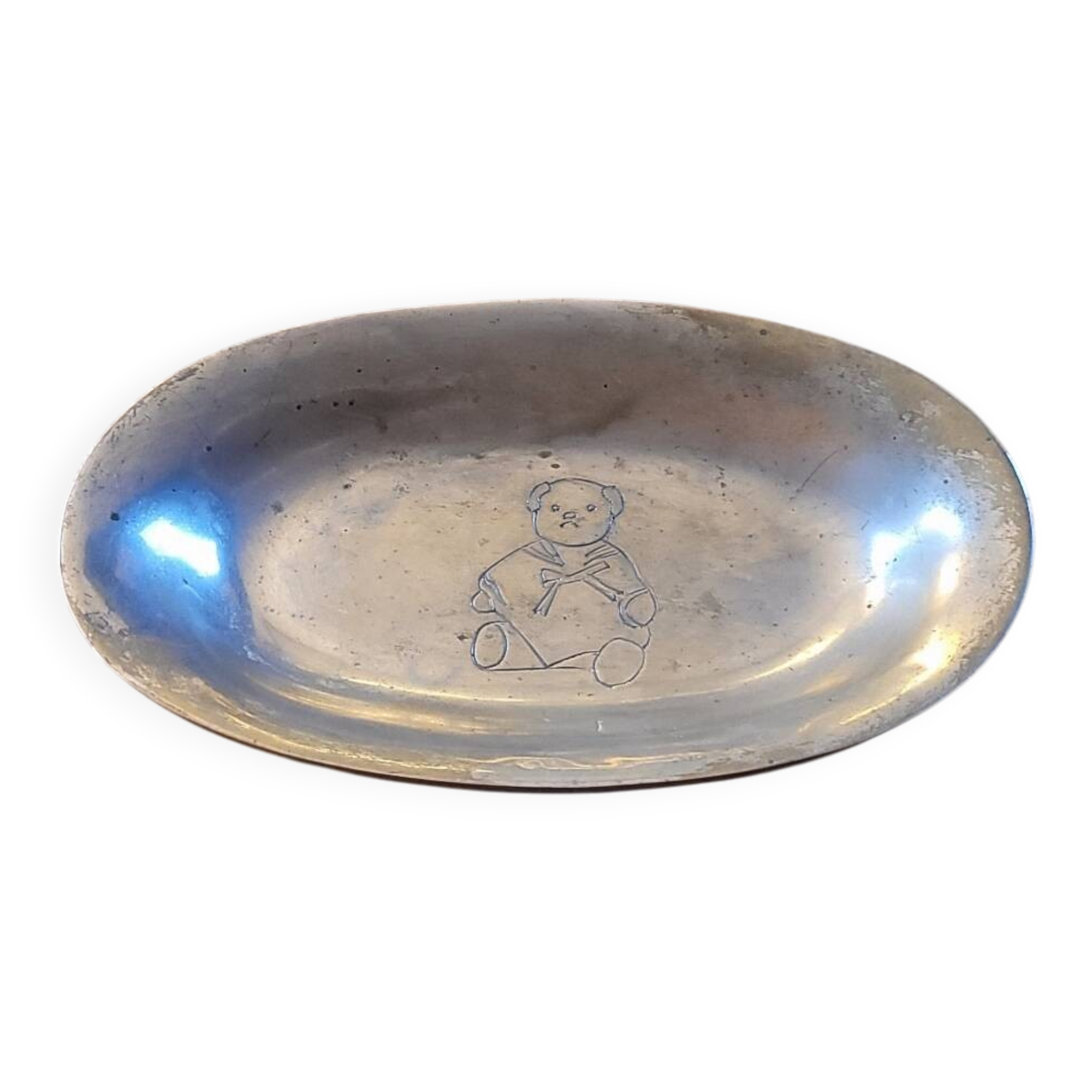 Silver-plated metal trinket tray with teddy bear decoration – 1960s–1980s