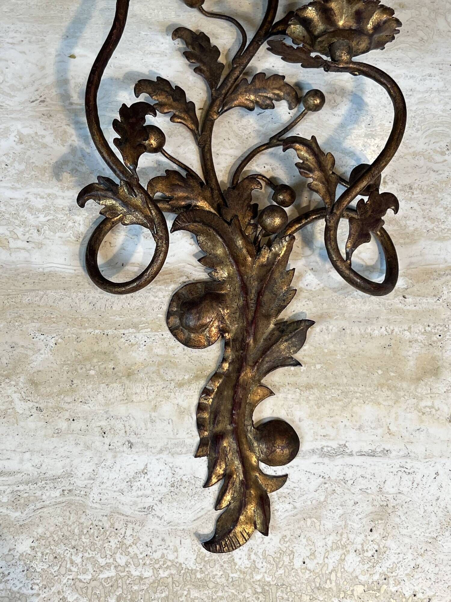 Pair of Two-Arm Wall Lights in Gold Metal with Leaf Decoration
