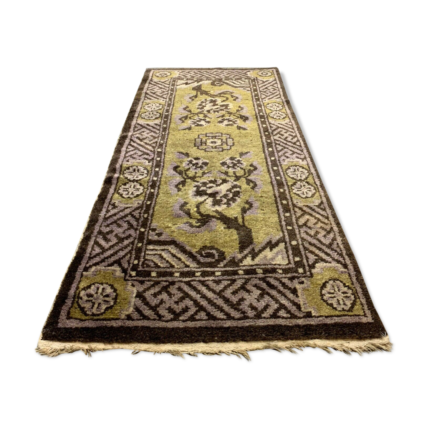 Antique Chinese Pao Tao Rug 145x68 cm, Wool, Gold and Brown