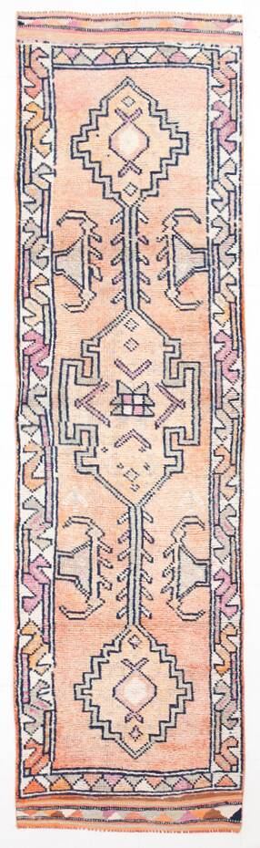 3x11 Pastel Salmon & Pink Runner, Natural Wool Runner Rug, 87x342 Cm