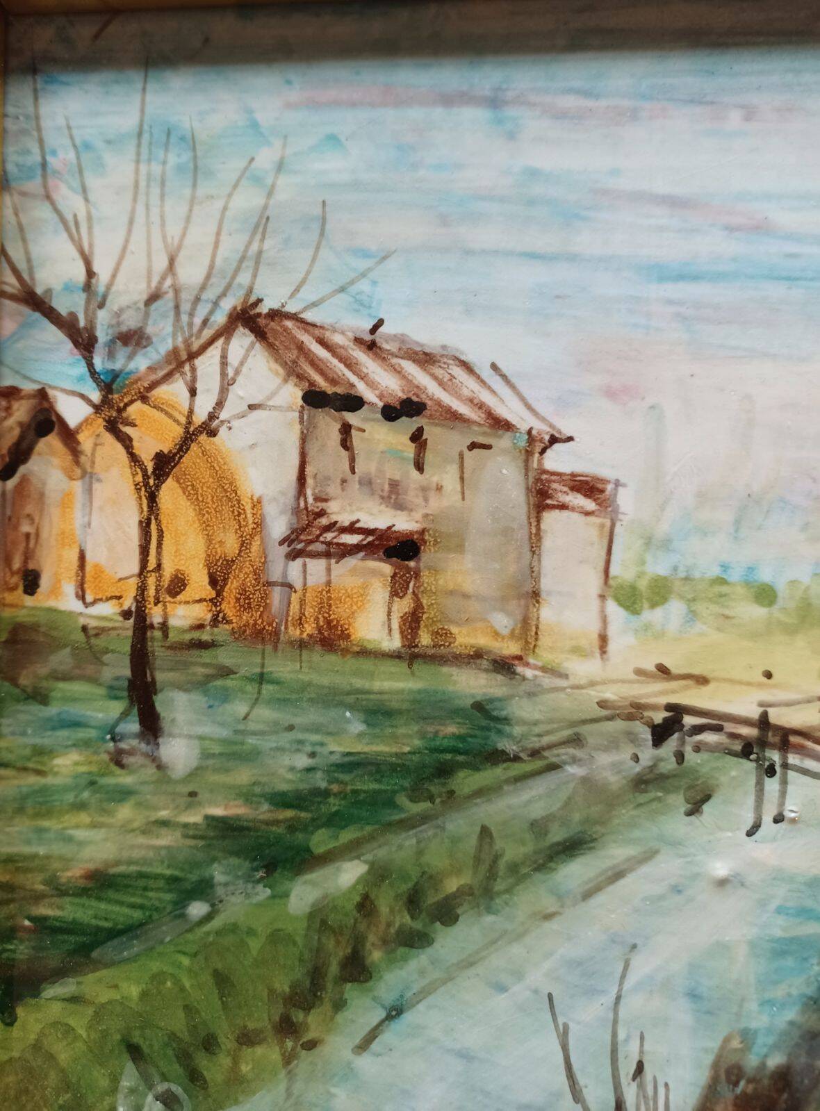 Framed and hand painted ceramic tile