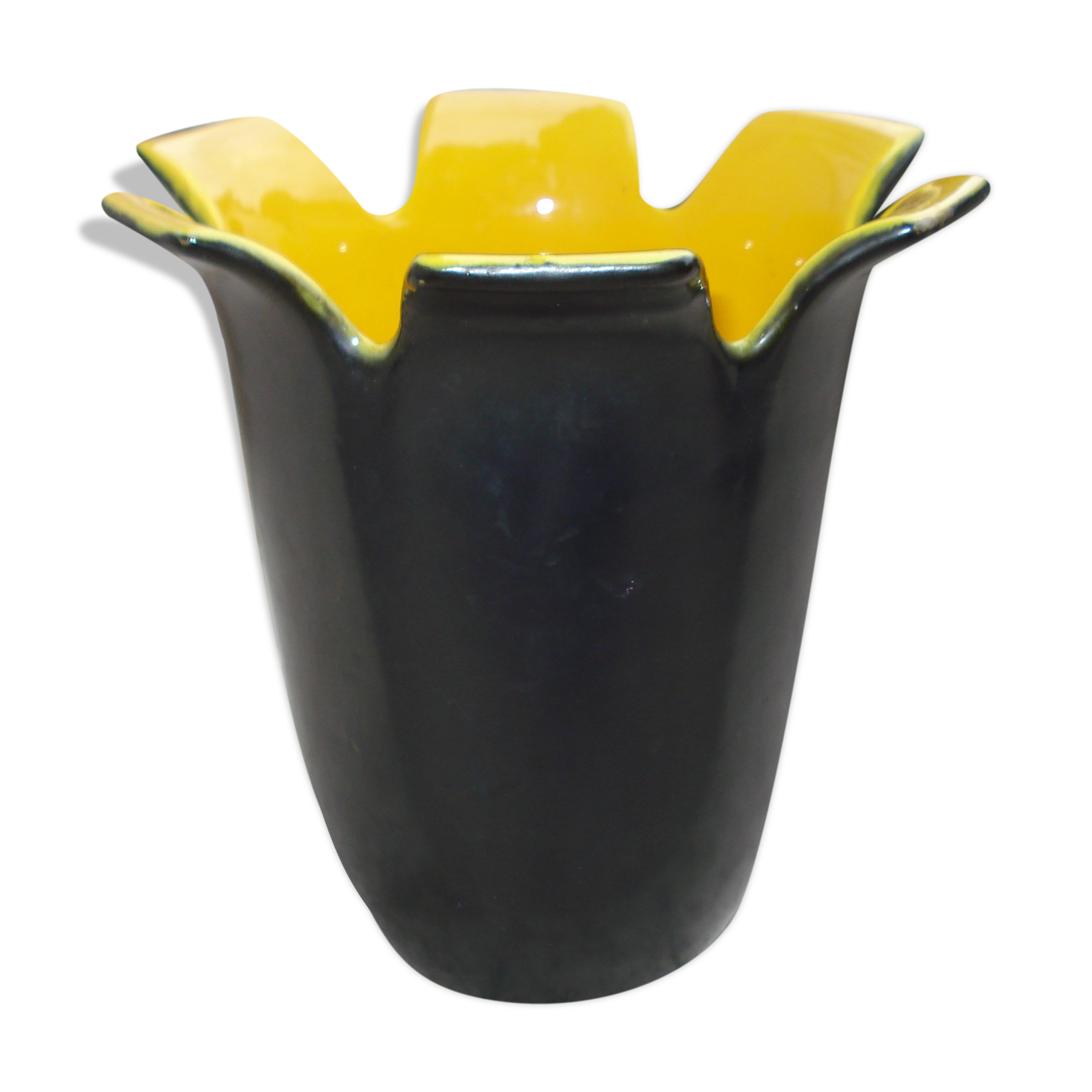 Saint-Clément black and yellow "petals" vase by b. létalle - 1950 vintage