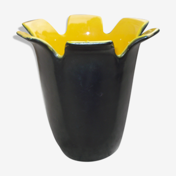 Vase "pétales" Saint-Clément noir et jaune  de b. létalle - 1950  vintage