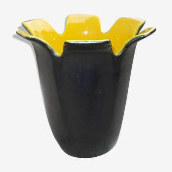 Vase "petals" Saint-Clement black and yellow of b. létalle - 1950 vintage