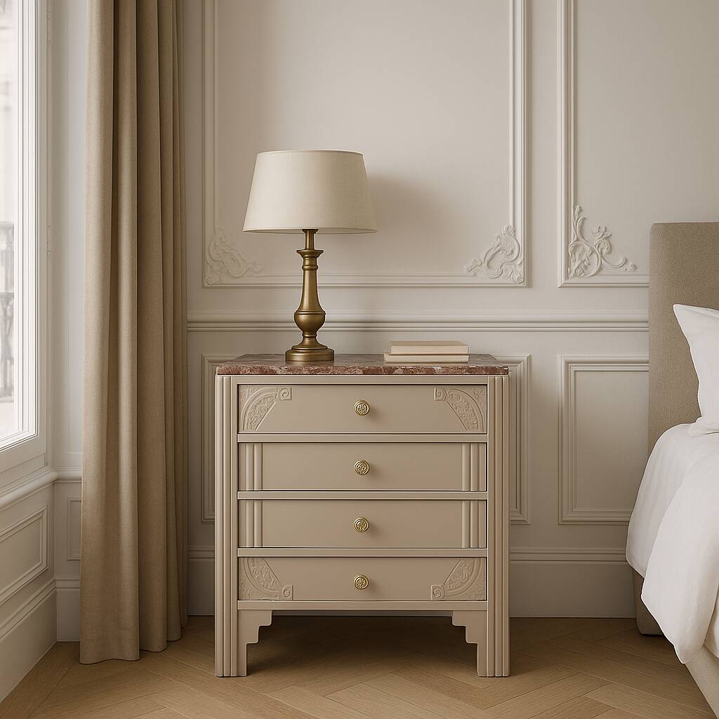 Commode vintage rénovée avec marbre rouge et blanc – 4 tiroirs