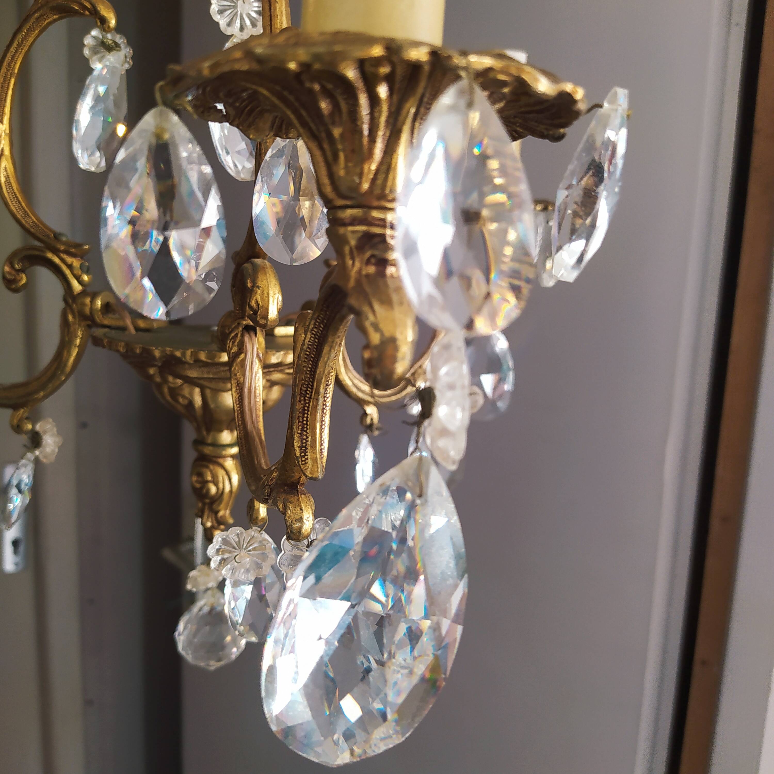 Louis xv bronze chandelier with crystal pendants 3 lights