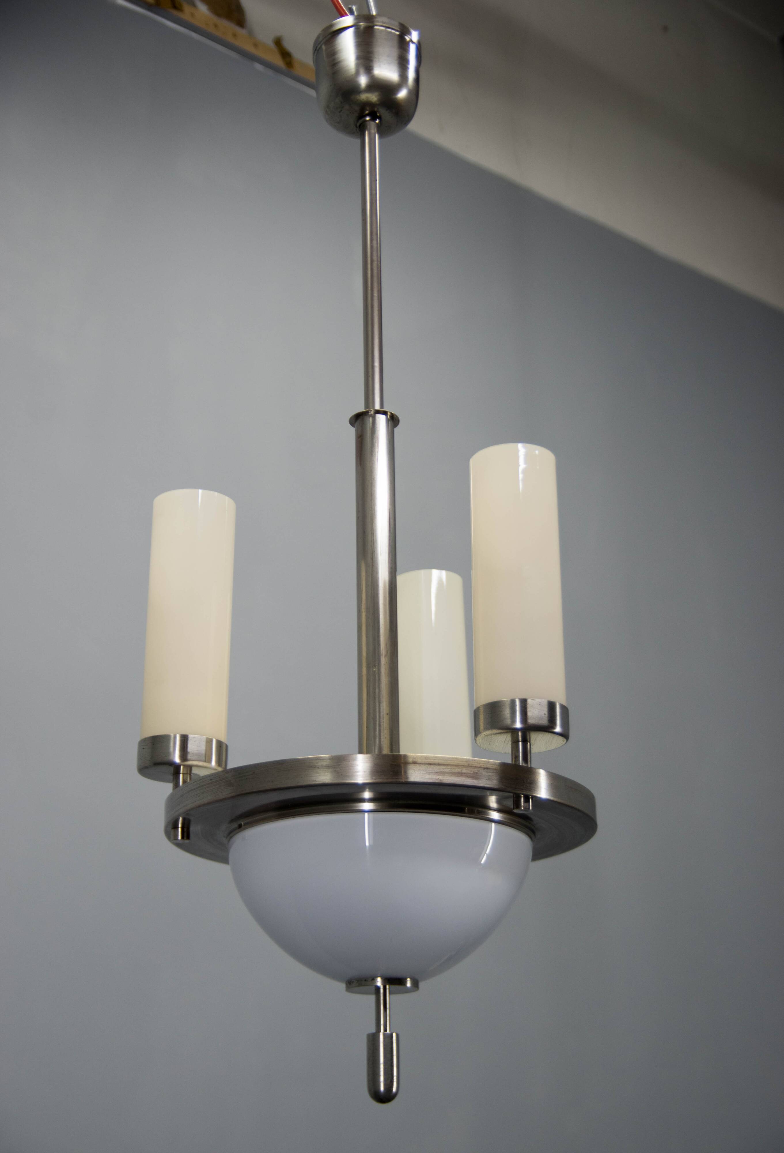 Art Deco Tubular Nickel Plated Chandelier, 1920s, Restored