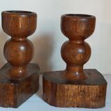 Pair of old brutalist turned solid wood candlesticks