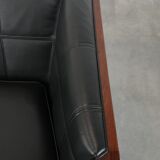 Art Deco  black leather 2.5-seater design sofa with beautiful woodwork