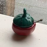 Salt pots and mustard pot, in enameled ceramic, slip, in the shape of a tomato, vintage