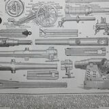 Gravure, canon ancien, mortier, fusil • lithographie originale de 1898
