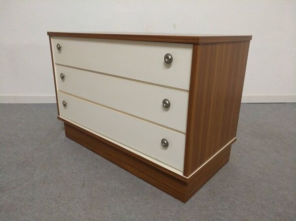 Commode basse 3 tiroirs acajou et satin blanc, France vers 1980