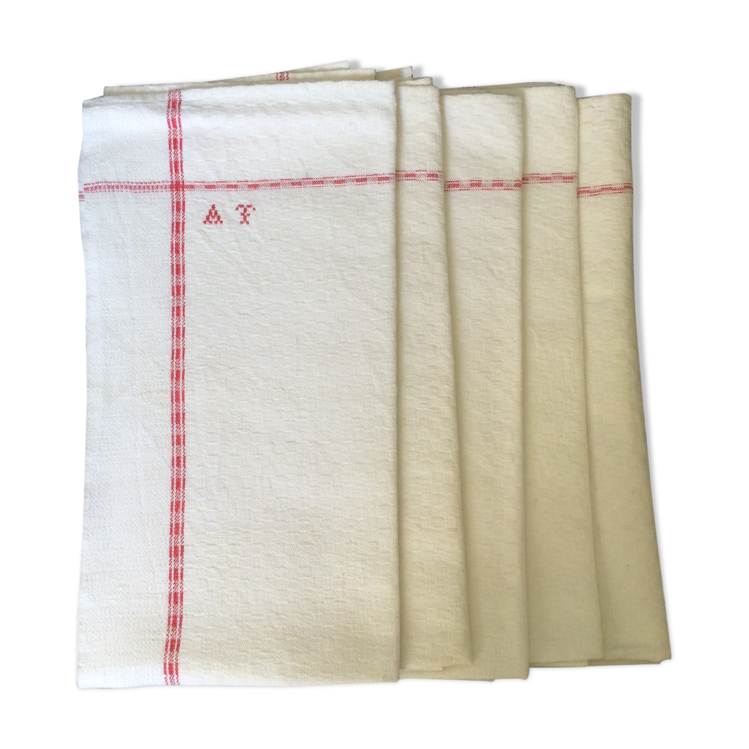 5 old tea towels, red monogram, vintage kitchen