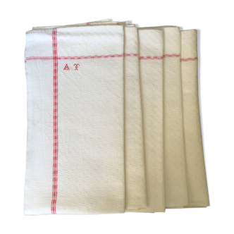 5 old tea towels, red monogram, vintage kitchen