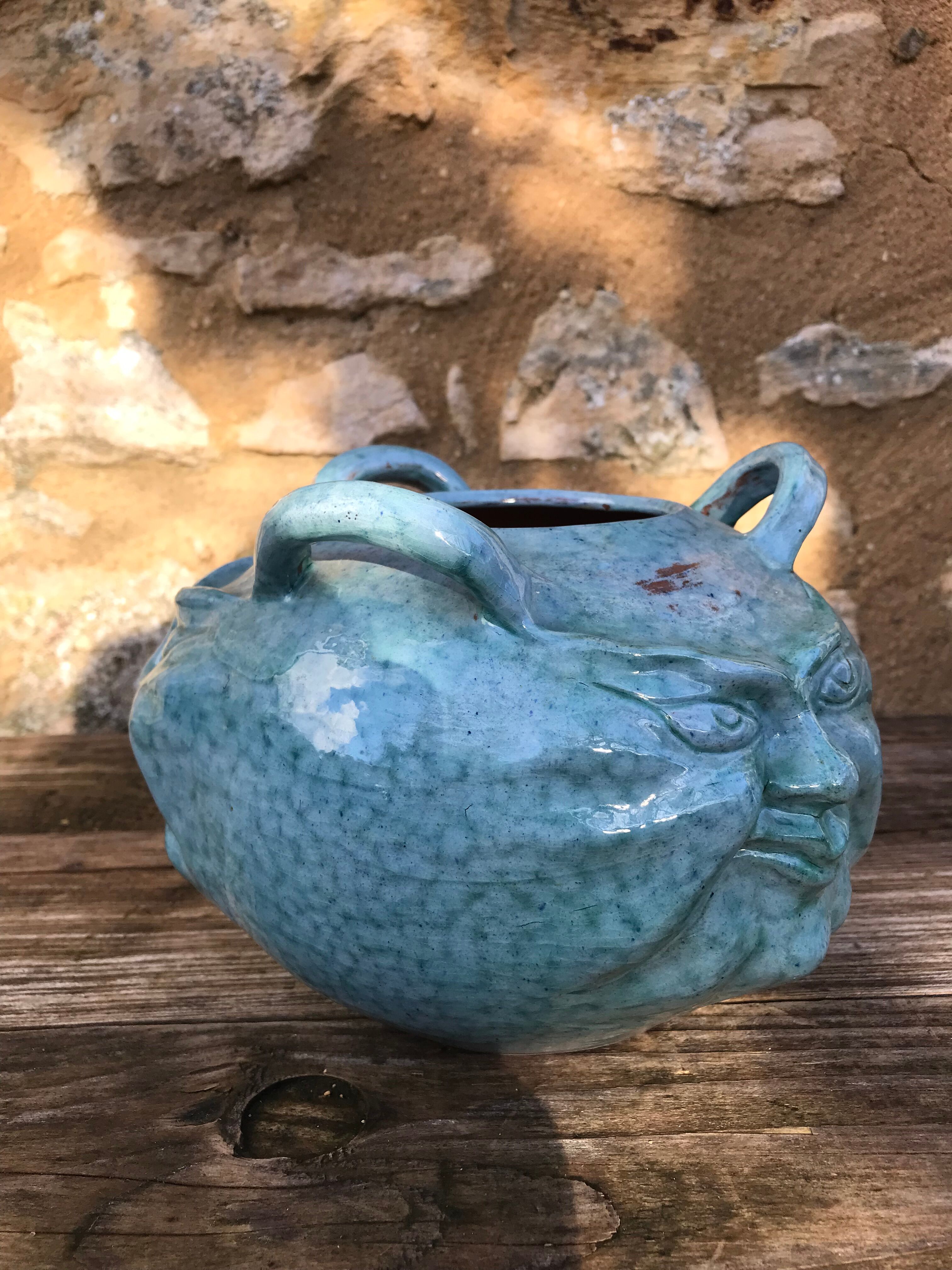 Ceramic vase, three faces, blue marble effects, signed