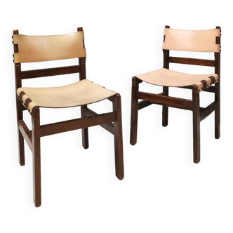 Pair of wood and leather chairs, Maison Regain