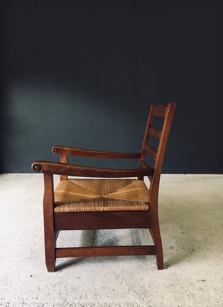Rustic Oak & Rush Armchair, France, 1930s