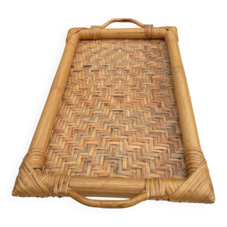 Vintage rattan tray with handles