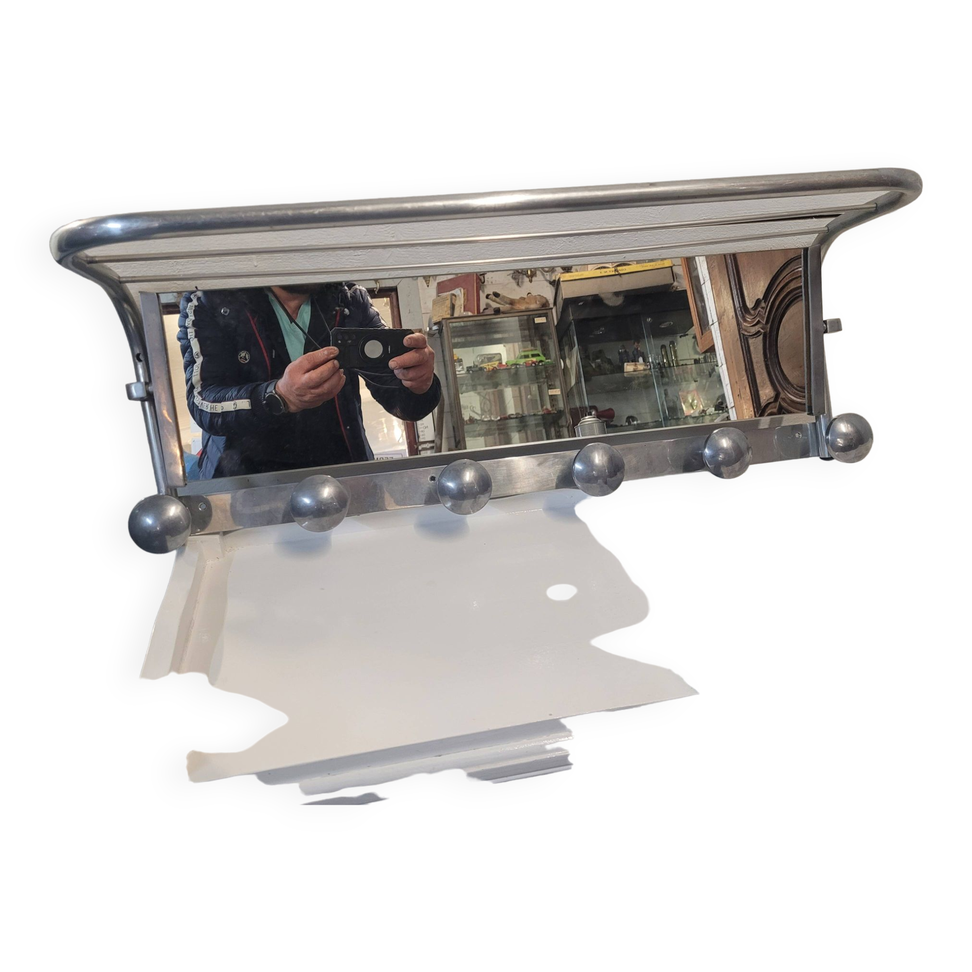 Aluminum wall coat rack with pivoting mirror from the 60s