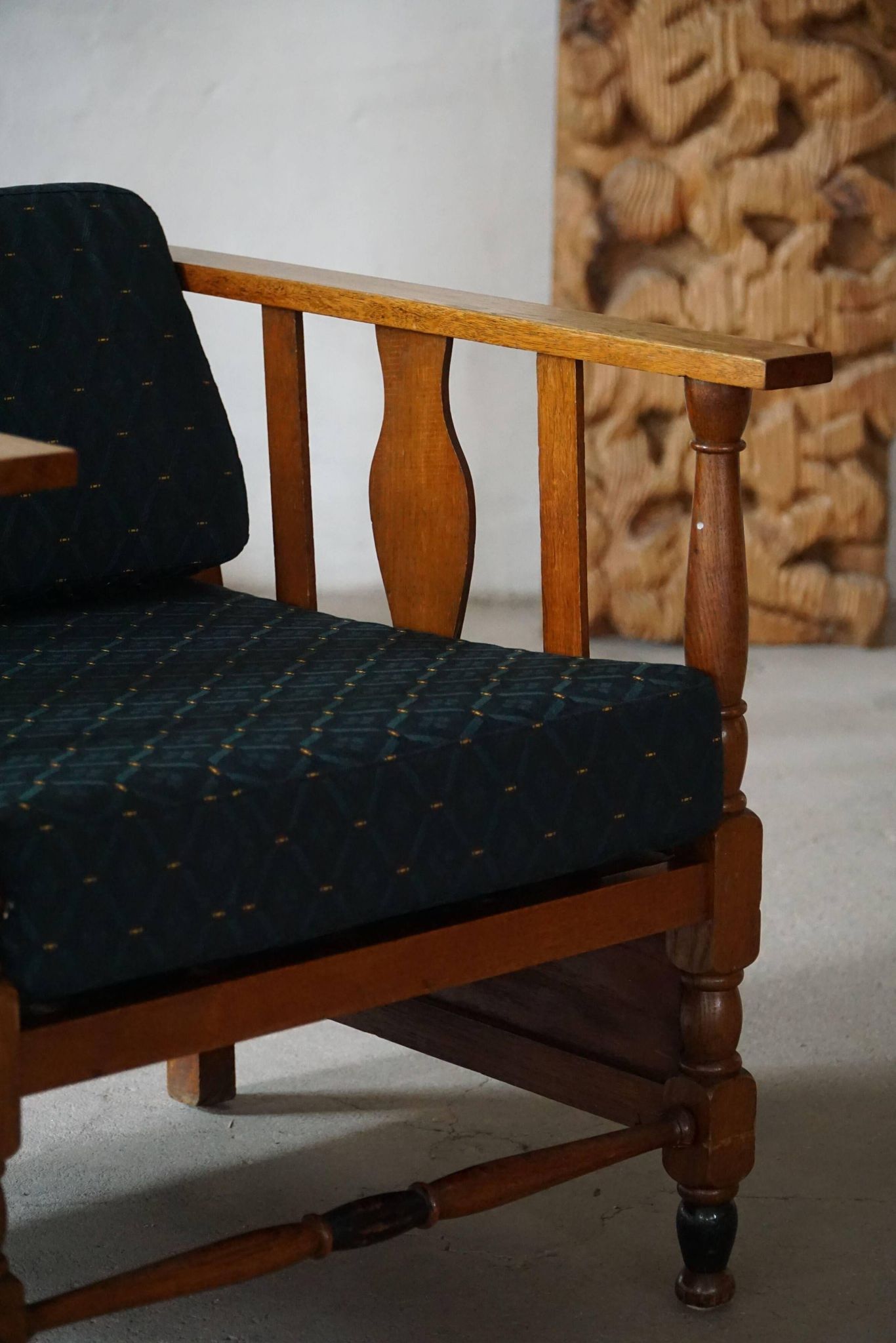 Art Nouveau, pair of oak lounge chairs, reupholstered in style fabric, 1920s.