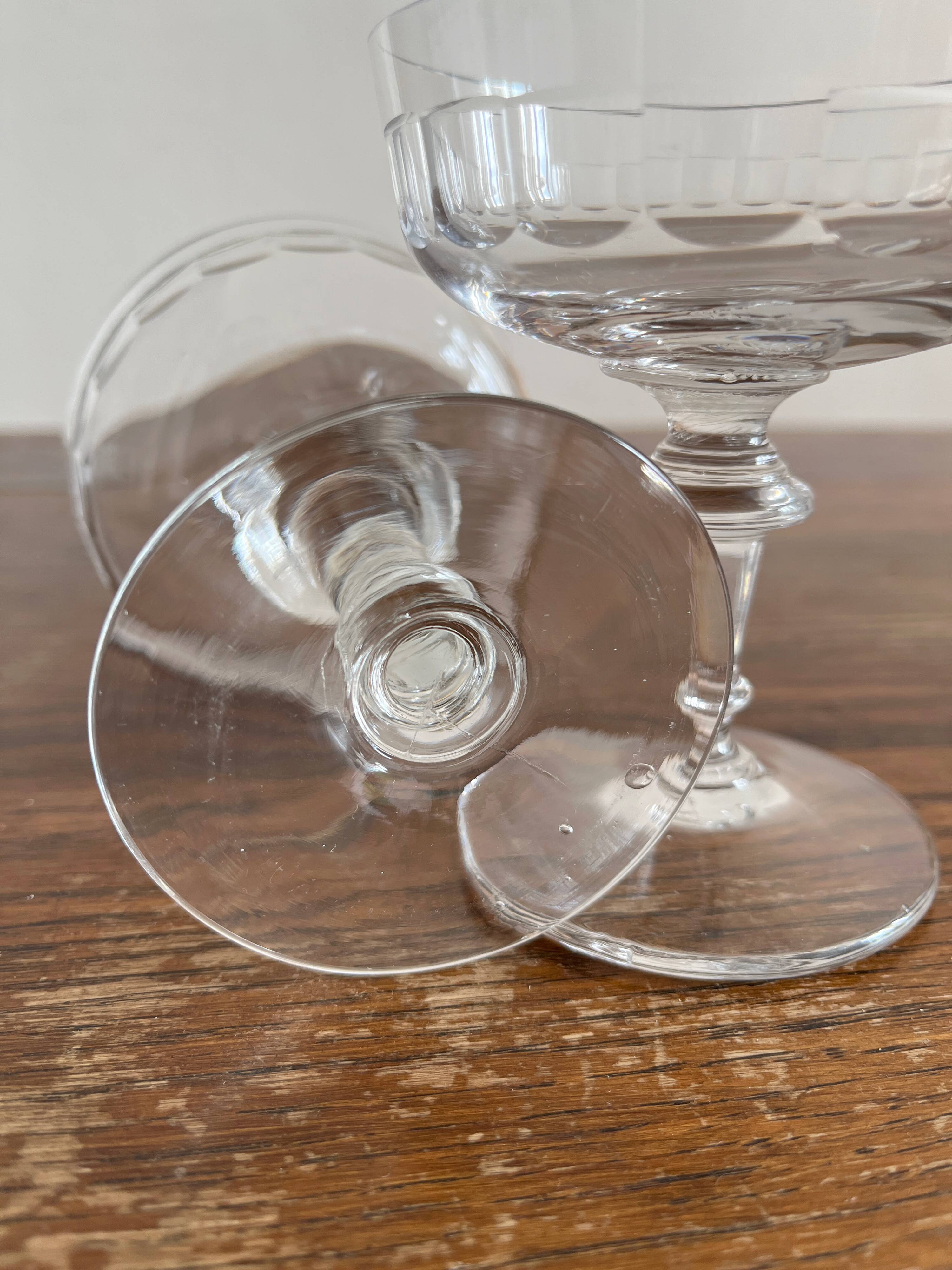 2 antique 19th-century blown glass champagne coupes with flat sides