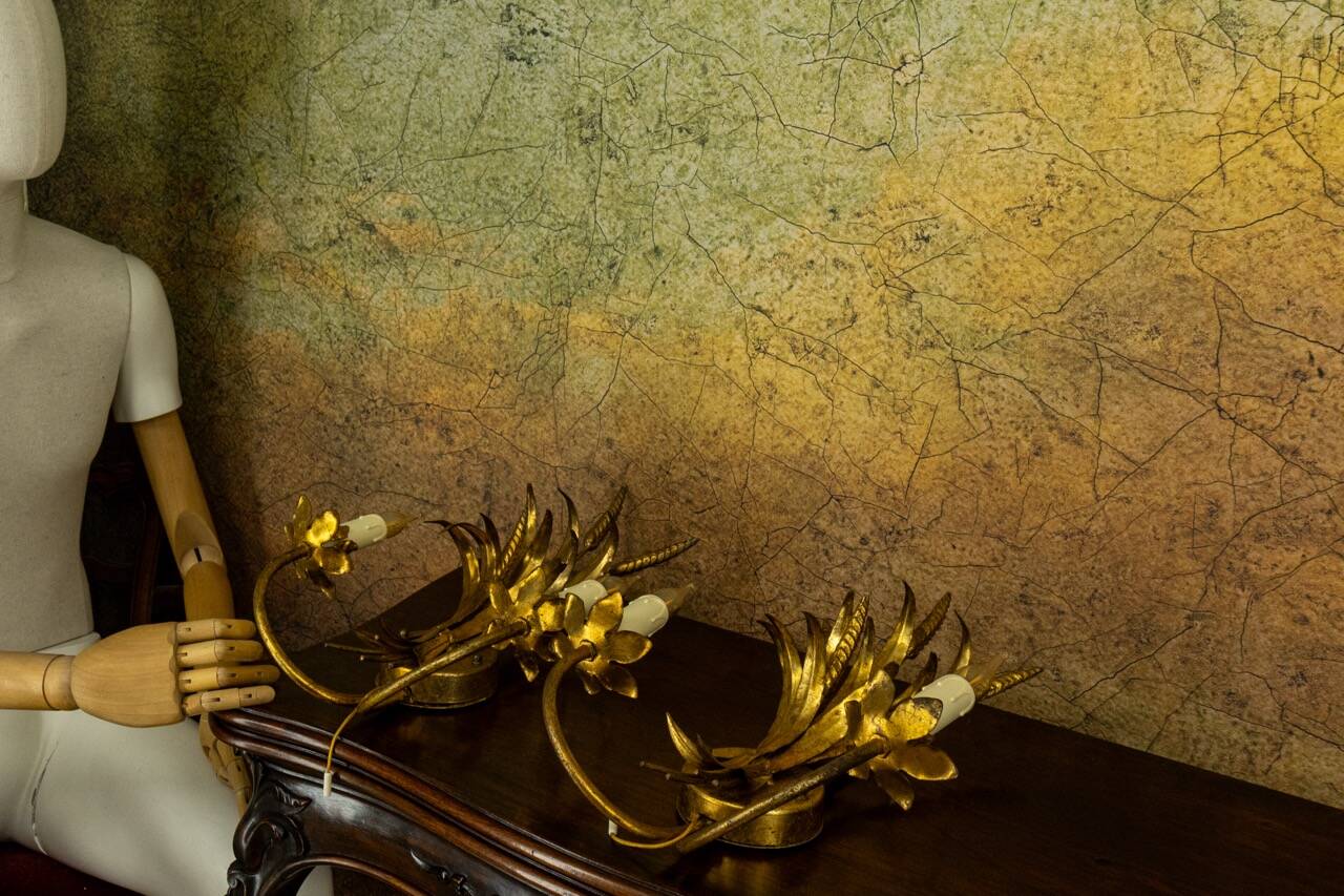 Pair of Hollywood Regency Style Gilt Metal Double-Arm Wheat Sconces, 1970s