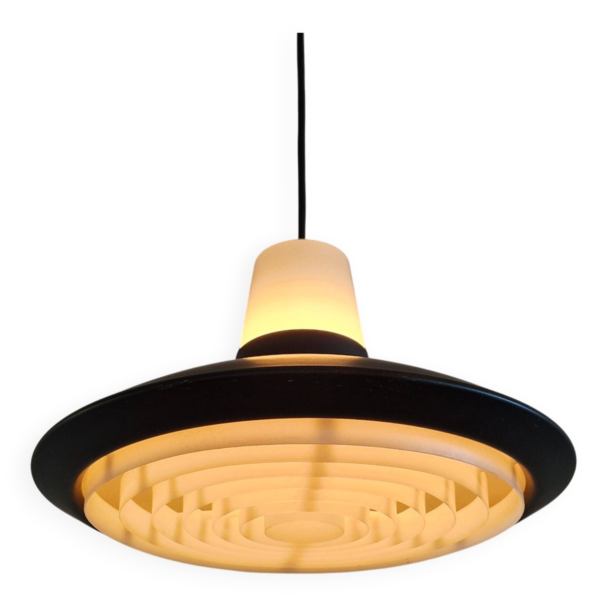Set of 2 black and white pendant lamps for Nordisk Solar, Denmark 1960's